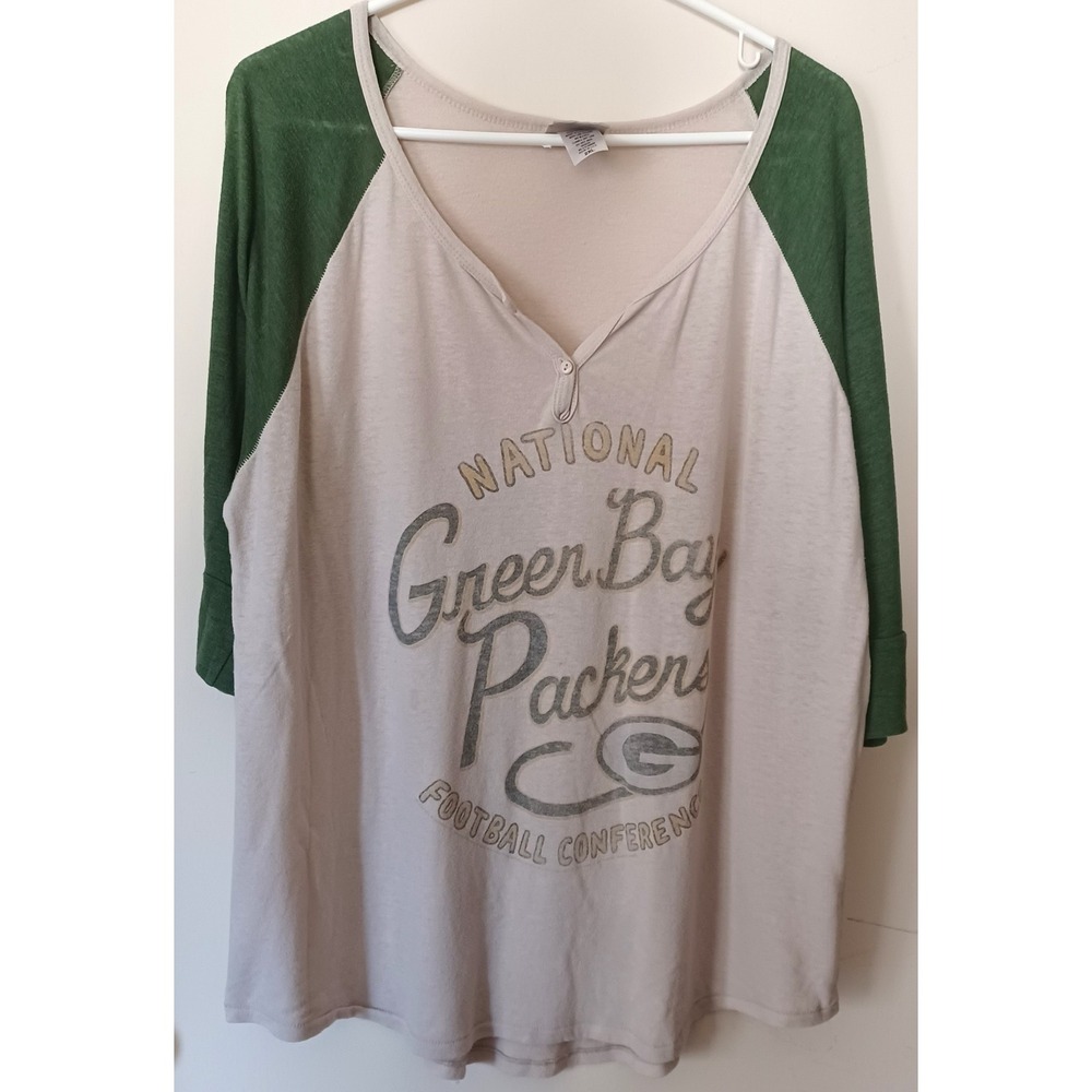 Junk Food Green Bay Packers Women 2XL Cream Green Raglan Henley NFL Vintage Look